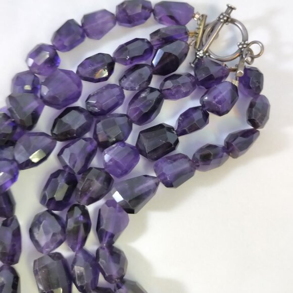 Magnificent Triple-Strand Amethyst Gemstone Statement Necklace w/ .925 Bar Clasp - Picture 4 of 4